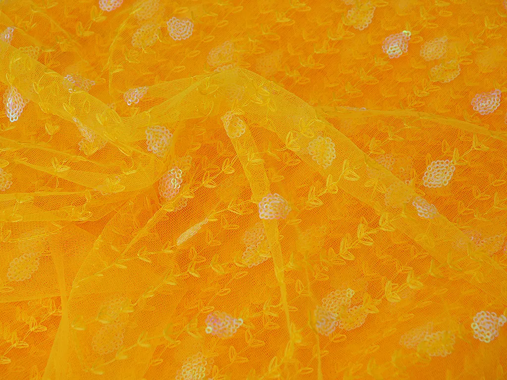 Haldi Yellow Traditional Thread & Sequins Floral Embroidered Net Fabric