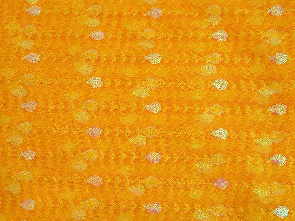 Haldi Yellow Traditional Thread & Sequins Floral Embroidered Net Fabric