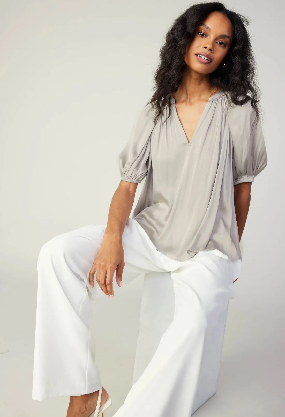 Hallie Half-Sleeve V-Neck Blouse with Gathered Detail