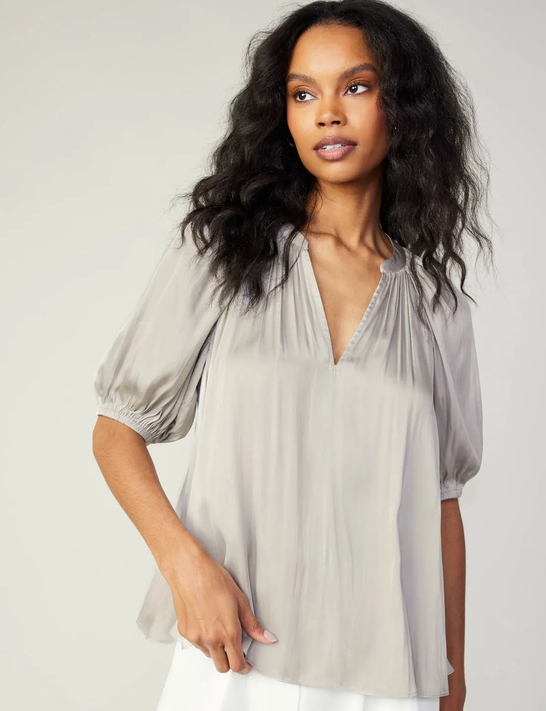 Hallie Half-Sleeve V-Neck Blouse with Gathered Detail
