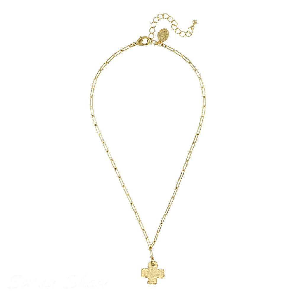 Hammered Cross Pendant on Paper Clip Chain