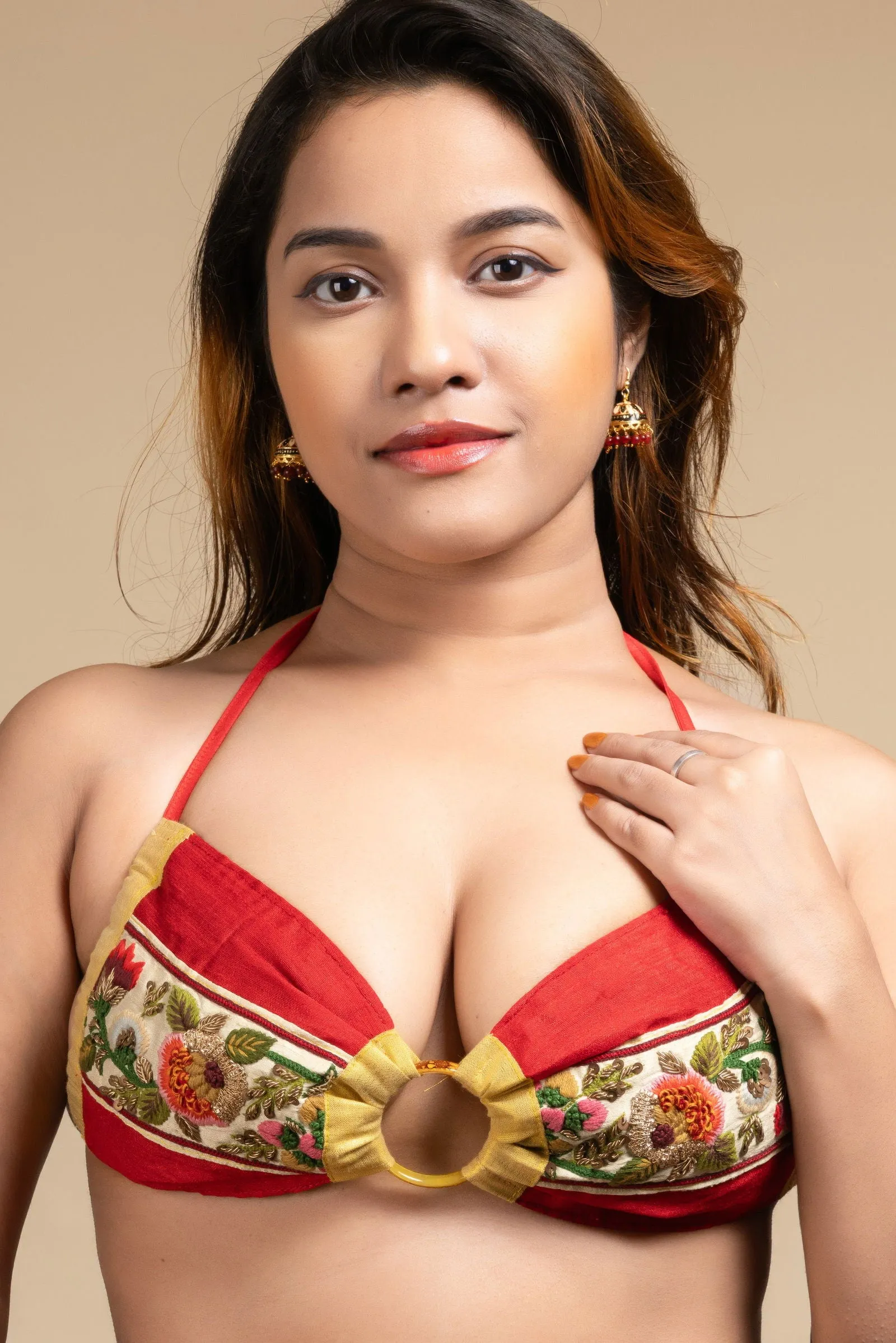 Hand Embroidered Red Women's Backless Halter Neck Bikini Top Blouse  – Unique Design