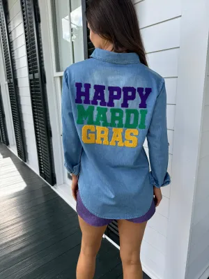 Happy Mardi Gras Denim Button Down