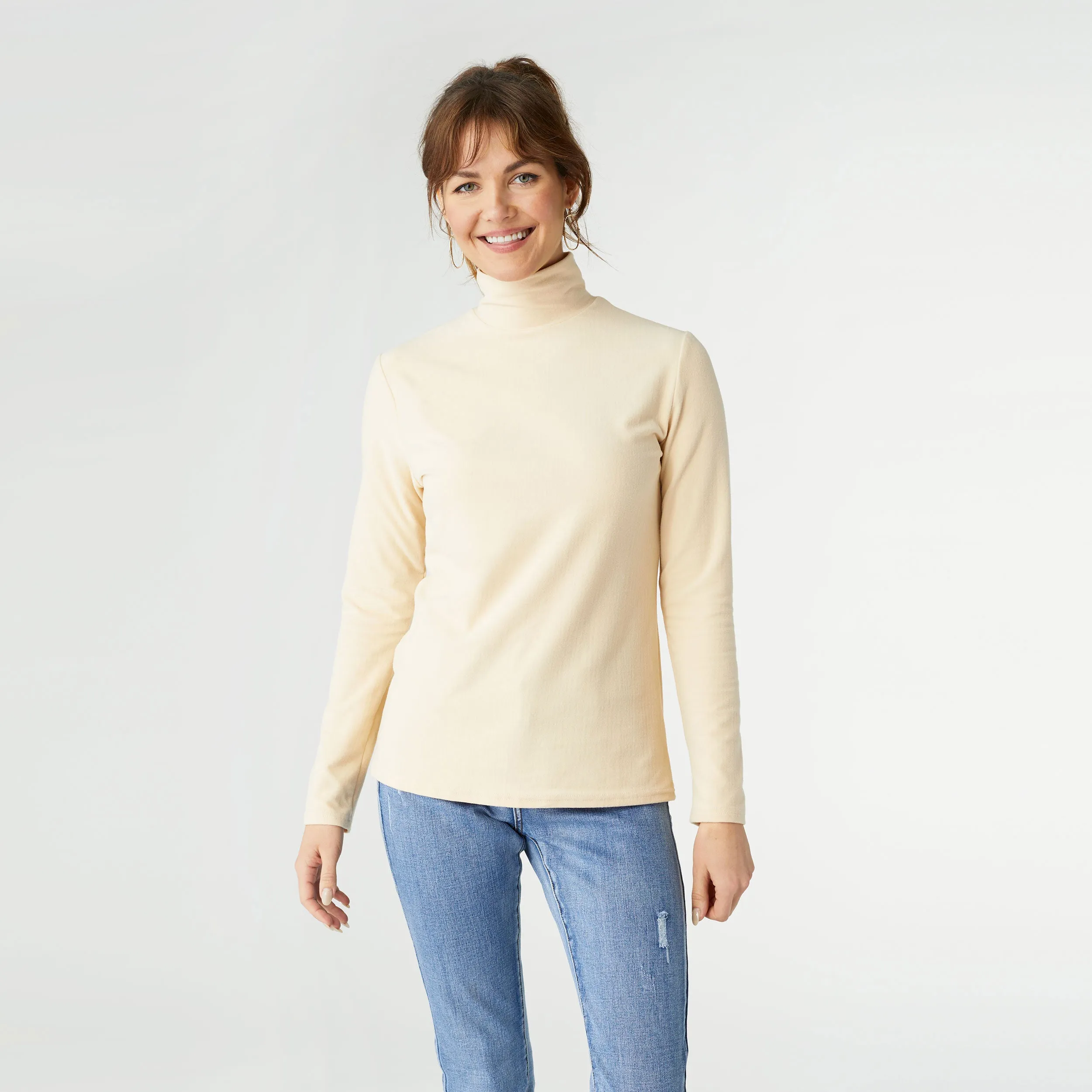 Hazel Long Sleeve Ribbed Mock Neck Top - Beige