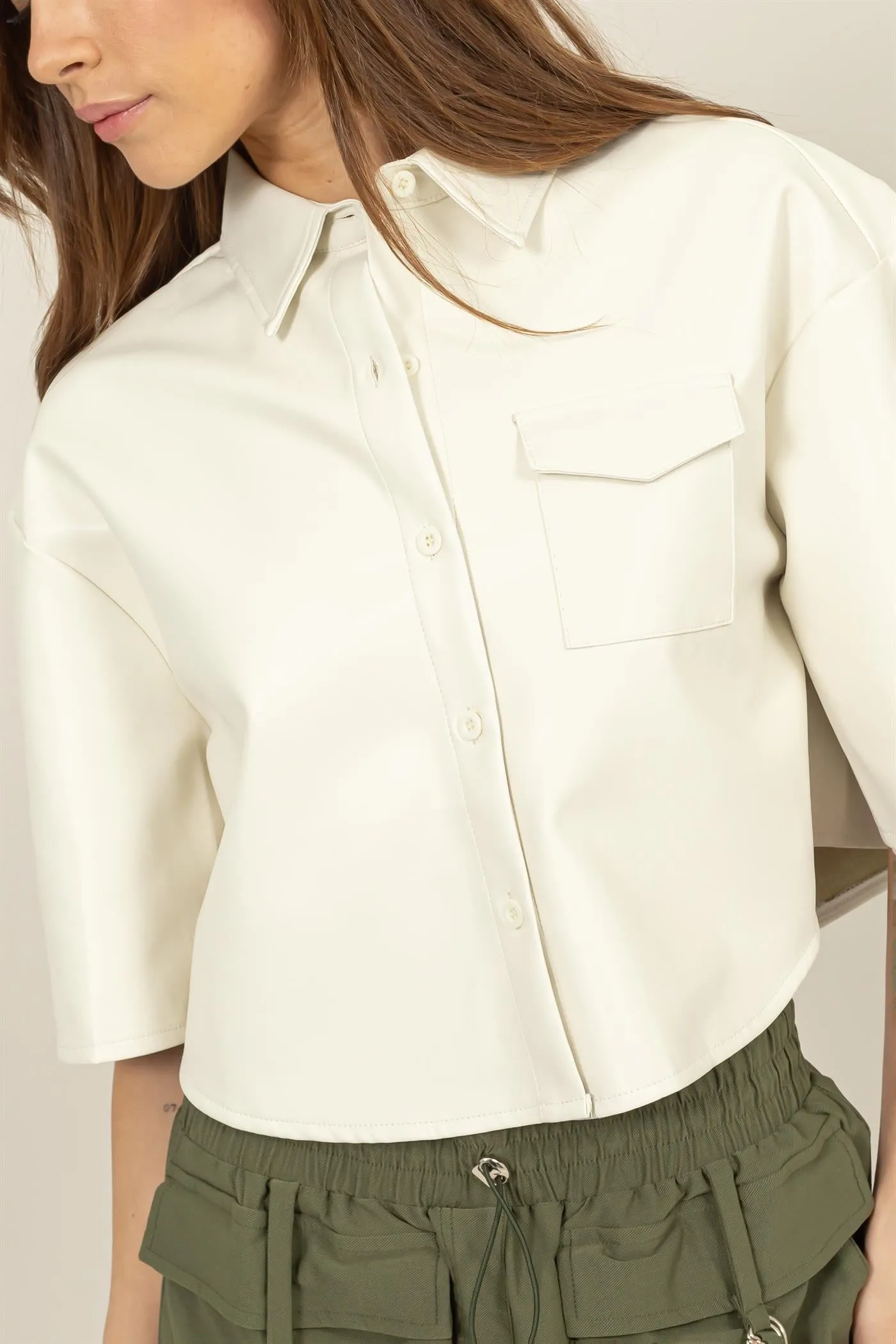 HF24F102-FAUX LEATHER BUTTON-DOWN CROPPED SHIRT