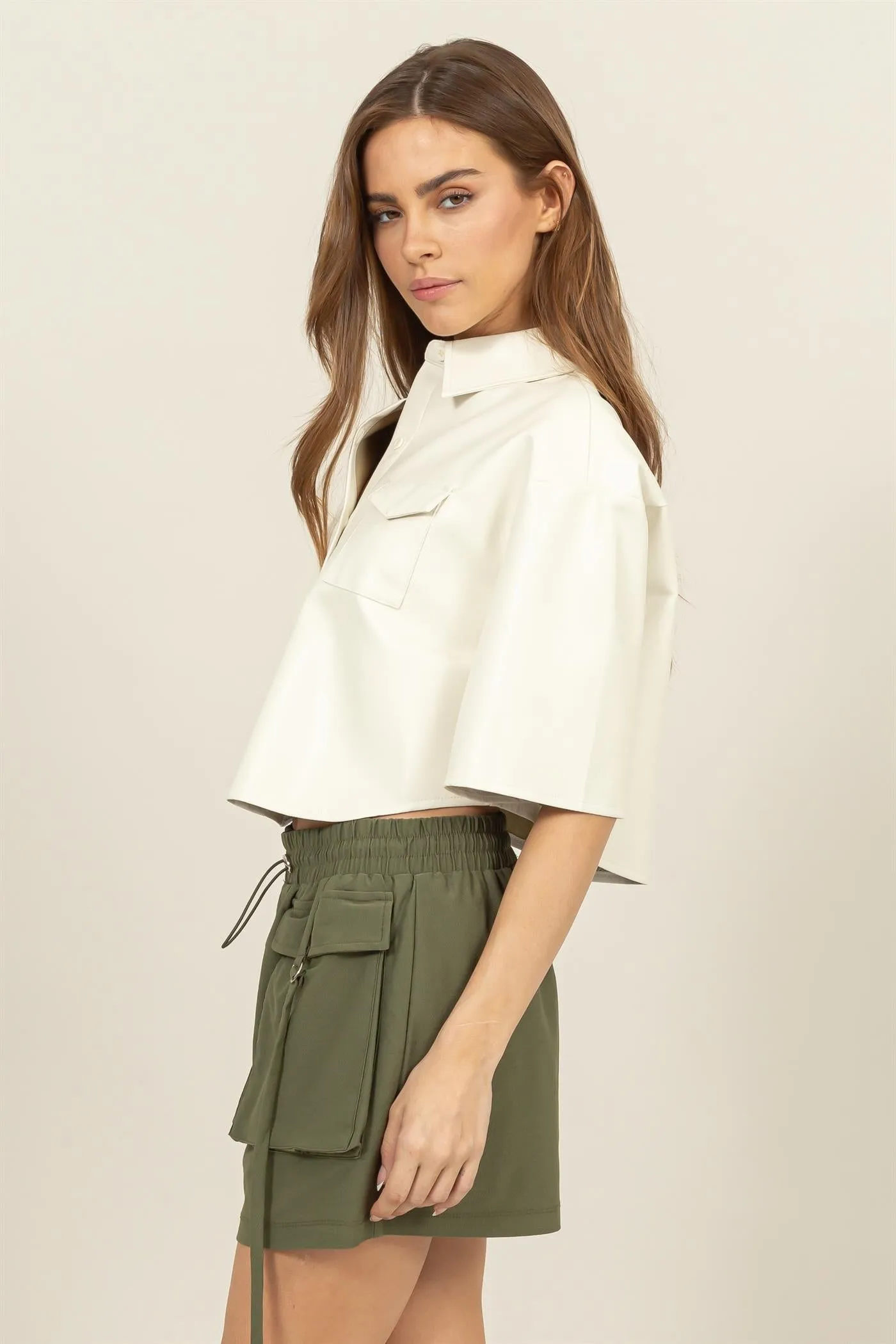 HF24F102-FAUX LEATHER BUTTON-DOWN CROPPED SHIRT