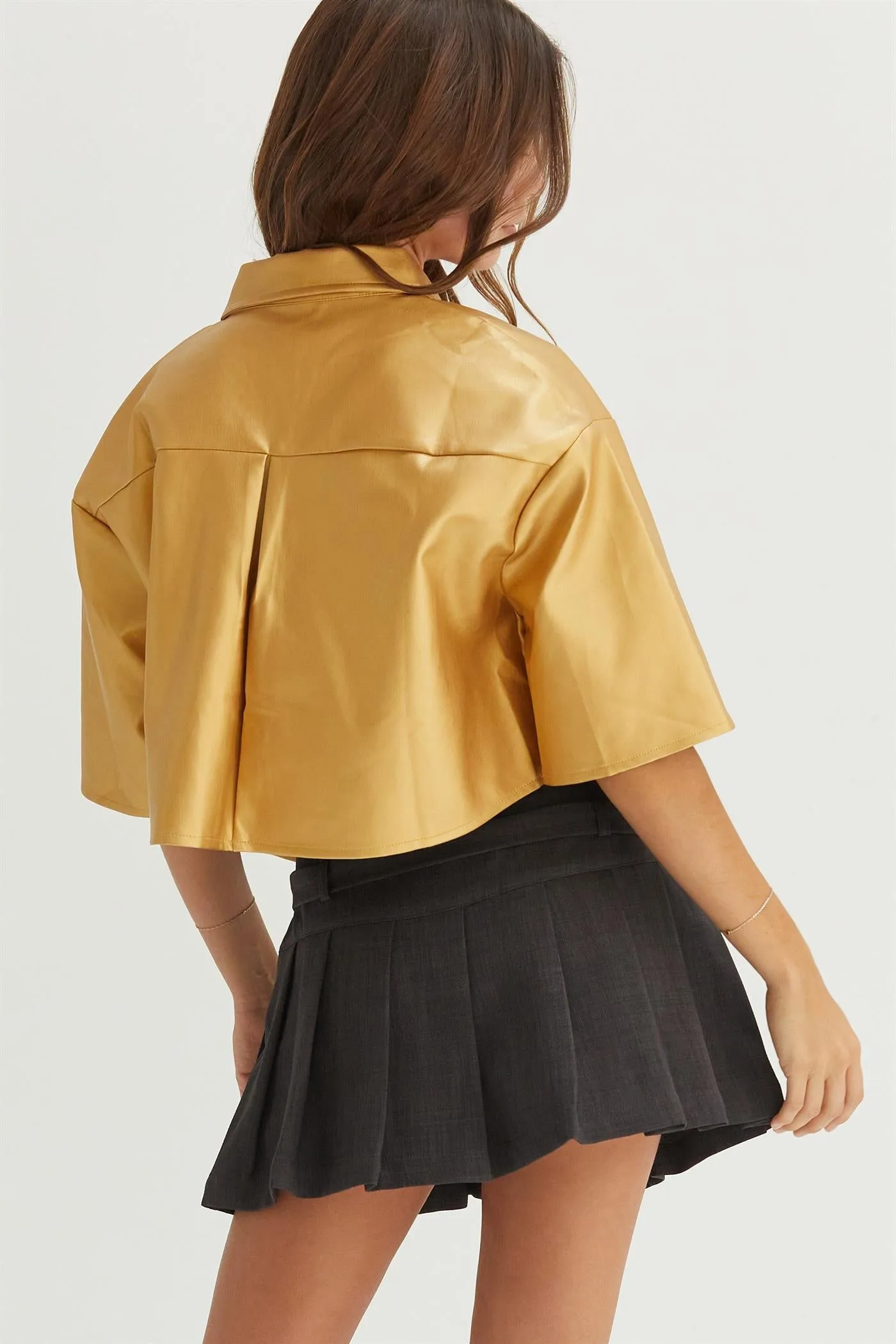 HF24F102-FAUX LEATHER BUTTON-DOWN CROPPED SHIRT