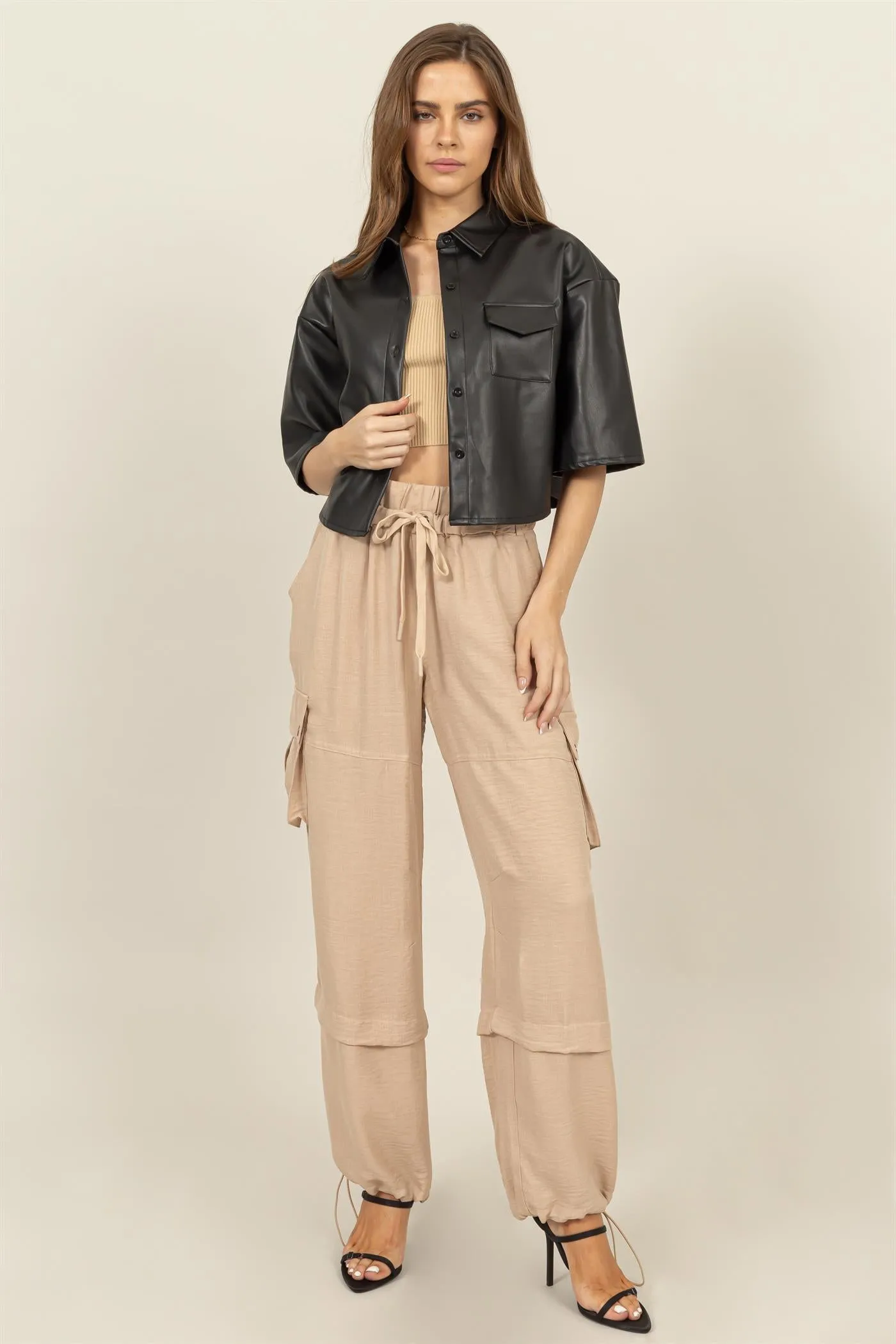 HF24F102-FAUX LEATHER BUTTON-DOWN CROPPED SHIRT