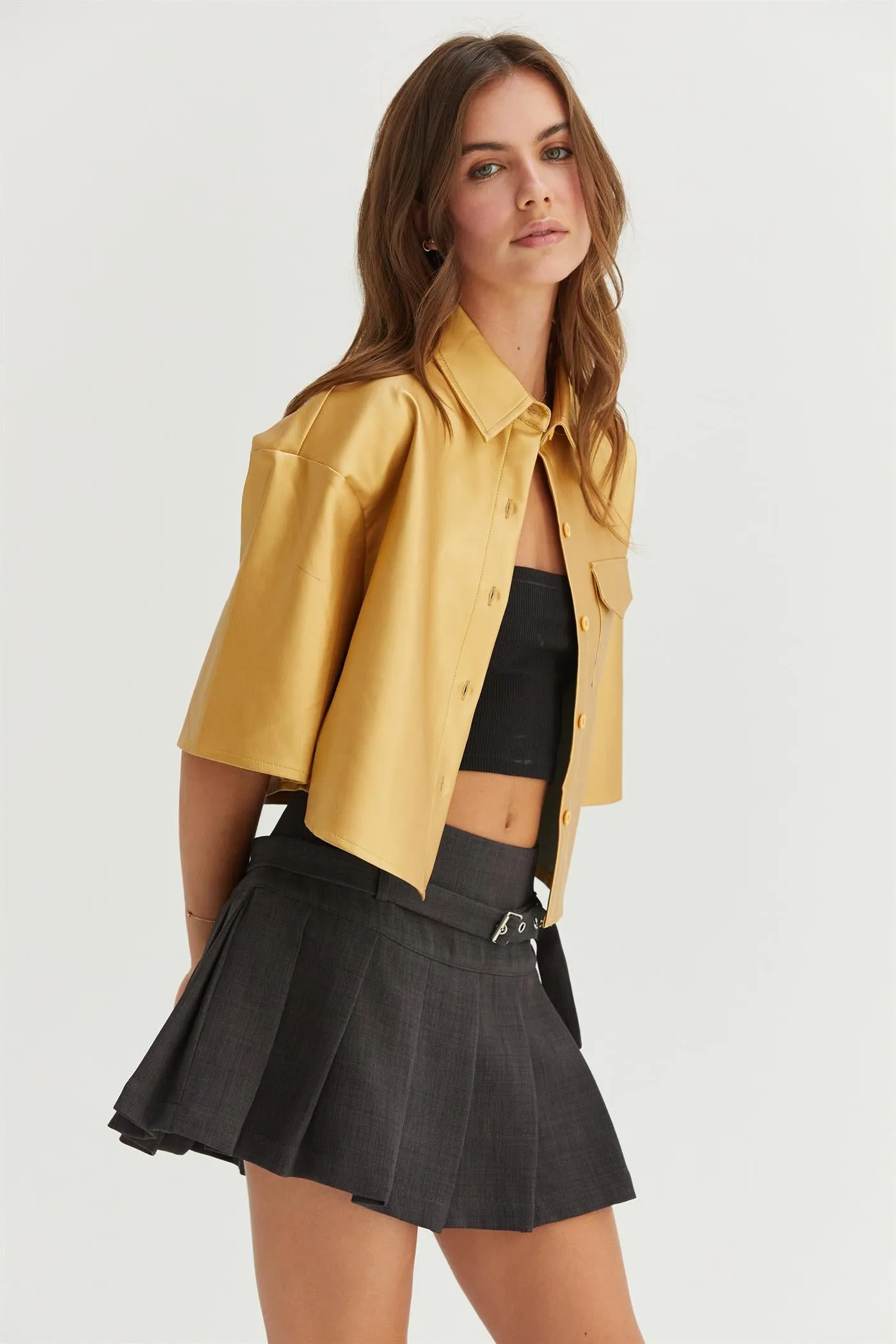 HF24F102-FAUX LEATHER BUTTON-DOWN CROPPED SHIRT