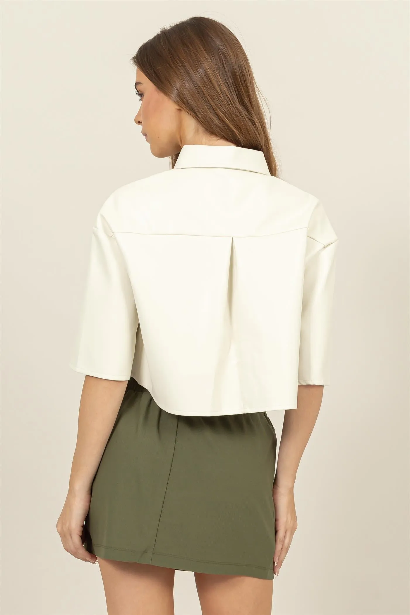 HF24F102-FAUX LEATHER BUTTON-DOWN CROPPED SHIRT
