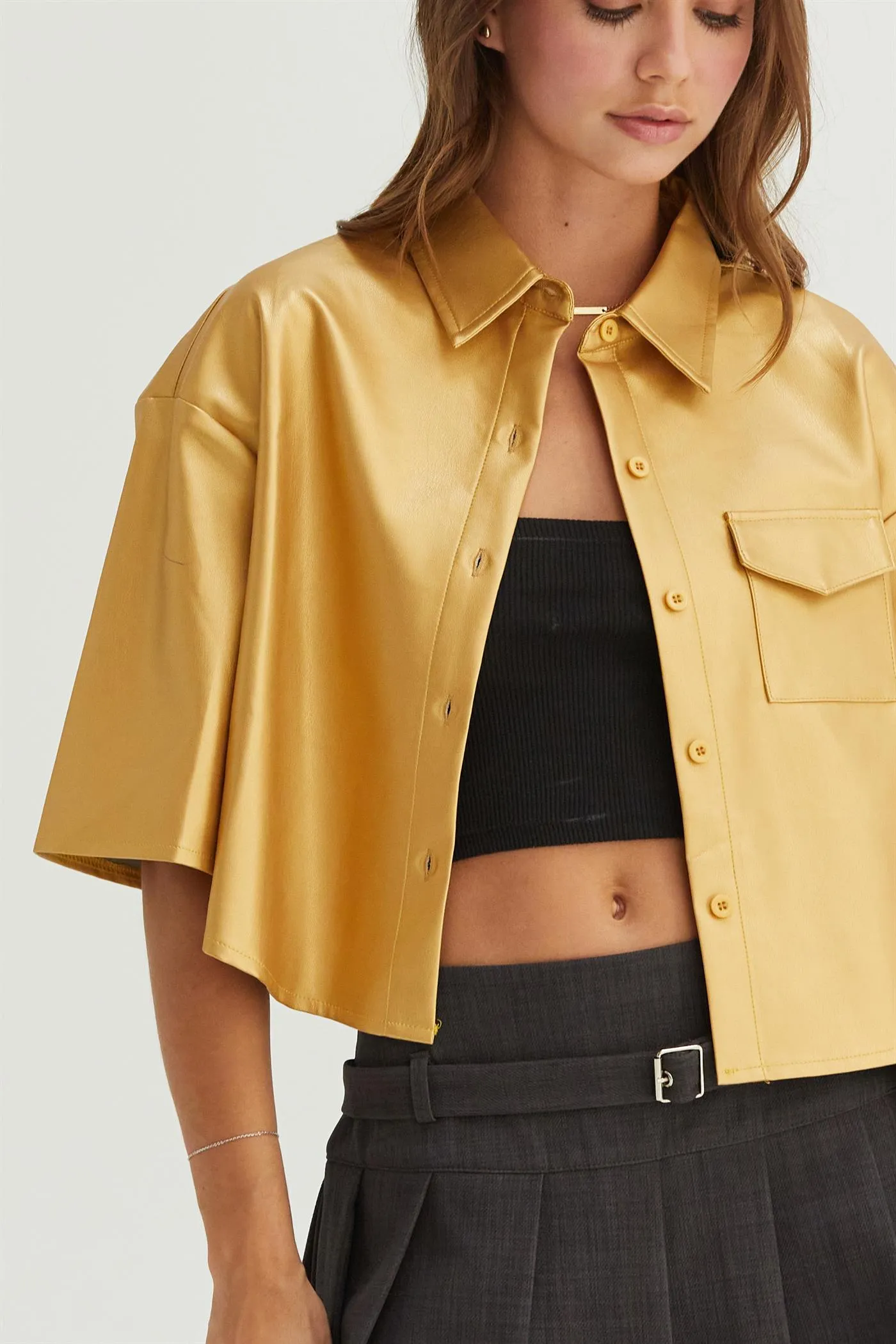 HF24F102-FAUX LEATHER BUTTON-DOWN CROPPED SHIRT