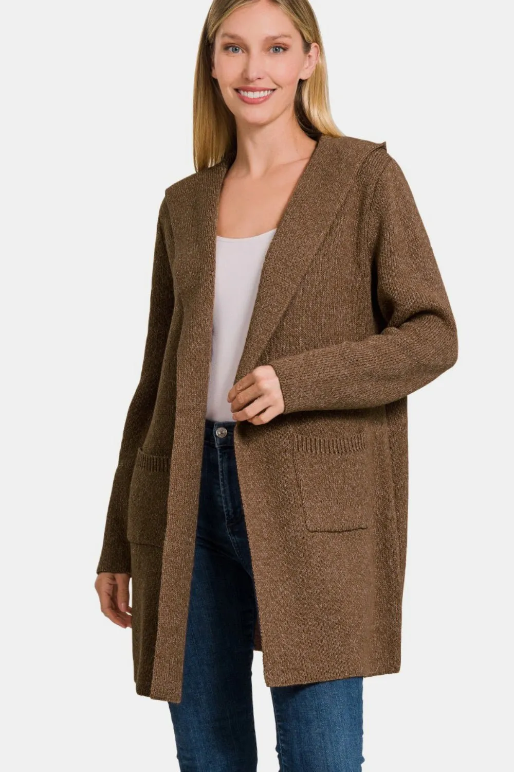 Hooded Open Front Sweater Cardigan - Brown
