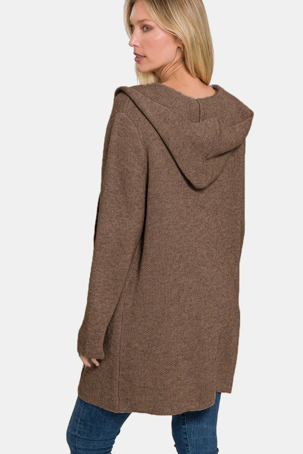 Hooded Open Front Sweater Cardigan - Brown