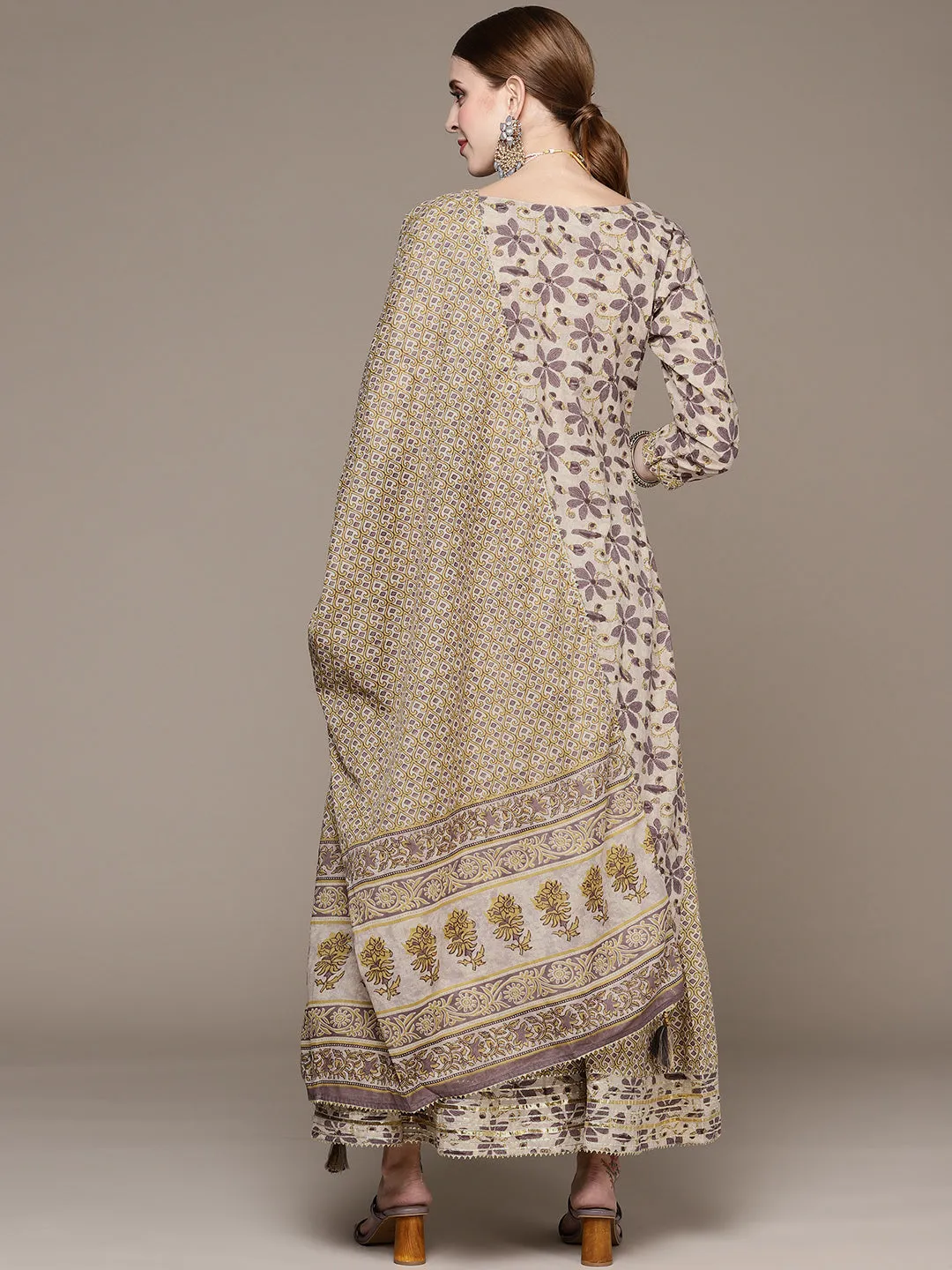 Ishin Women Beige Floral Embroidered Beads and Stones Kurta with Sharara & With Dupatta