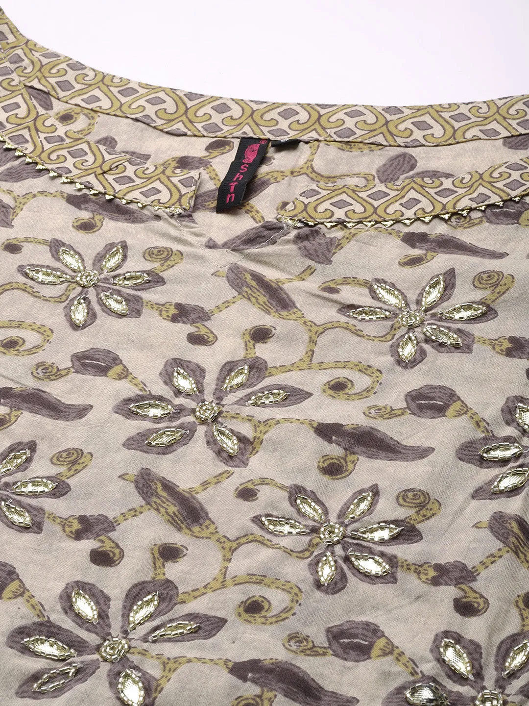 Ishin Women Beige Floral Embroidered Beads and Stones Kurta with Sharara & With Dupatta