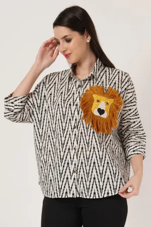 Jaipuri Cotton Oversized Shirt With Lion Motif For Women