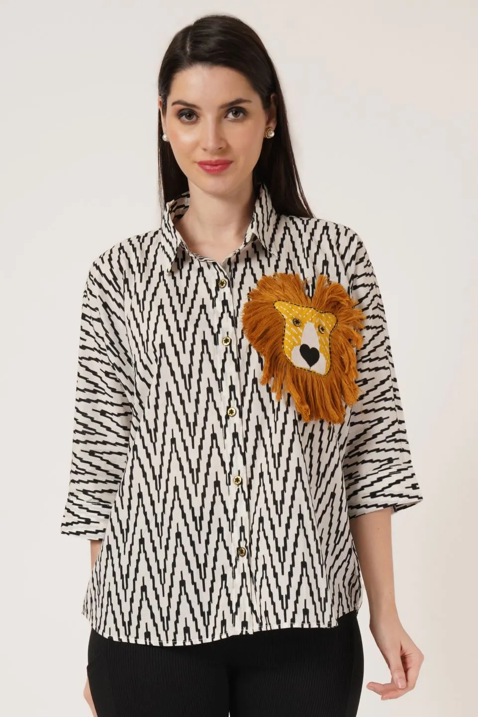 Jaipuri Cotton Oversized Shirt With Lion Motif For Women