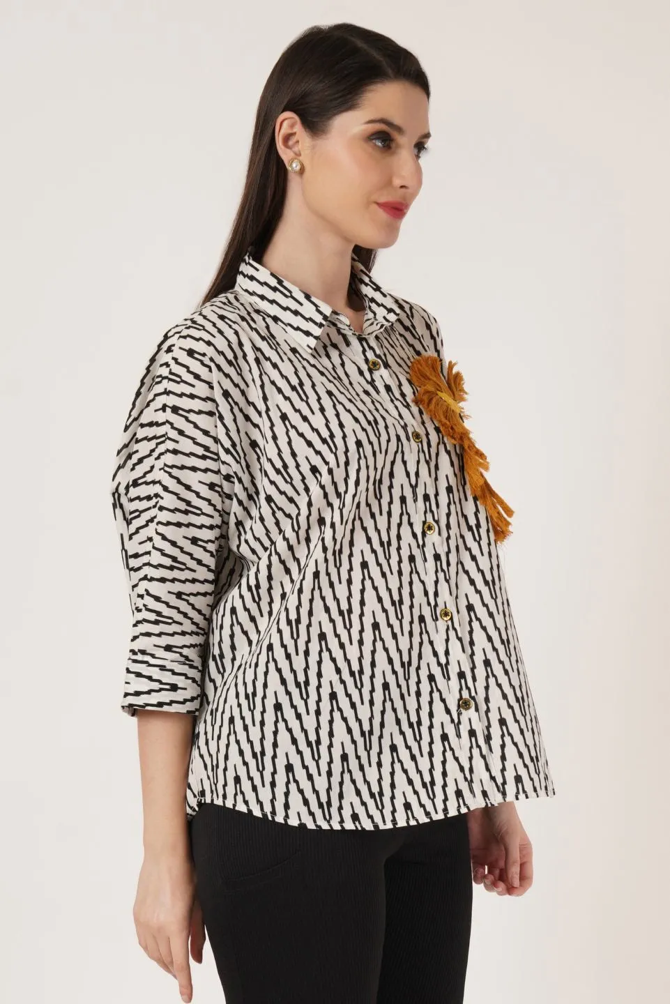 Jaipuri Cotton Oversized Shirt With Lion Motif For Women