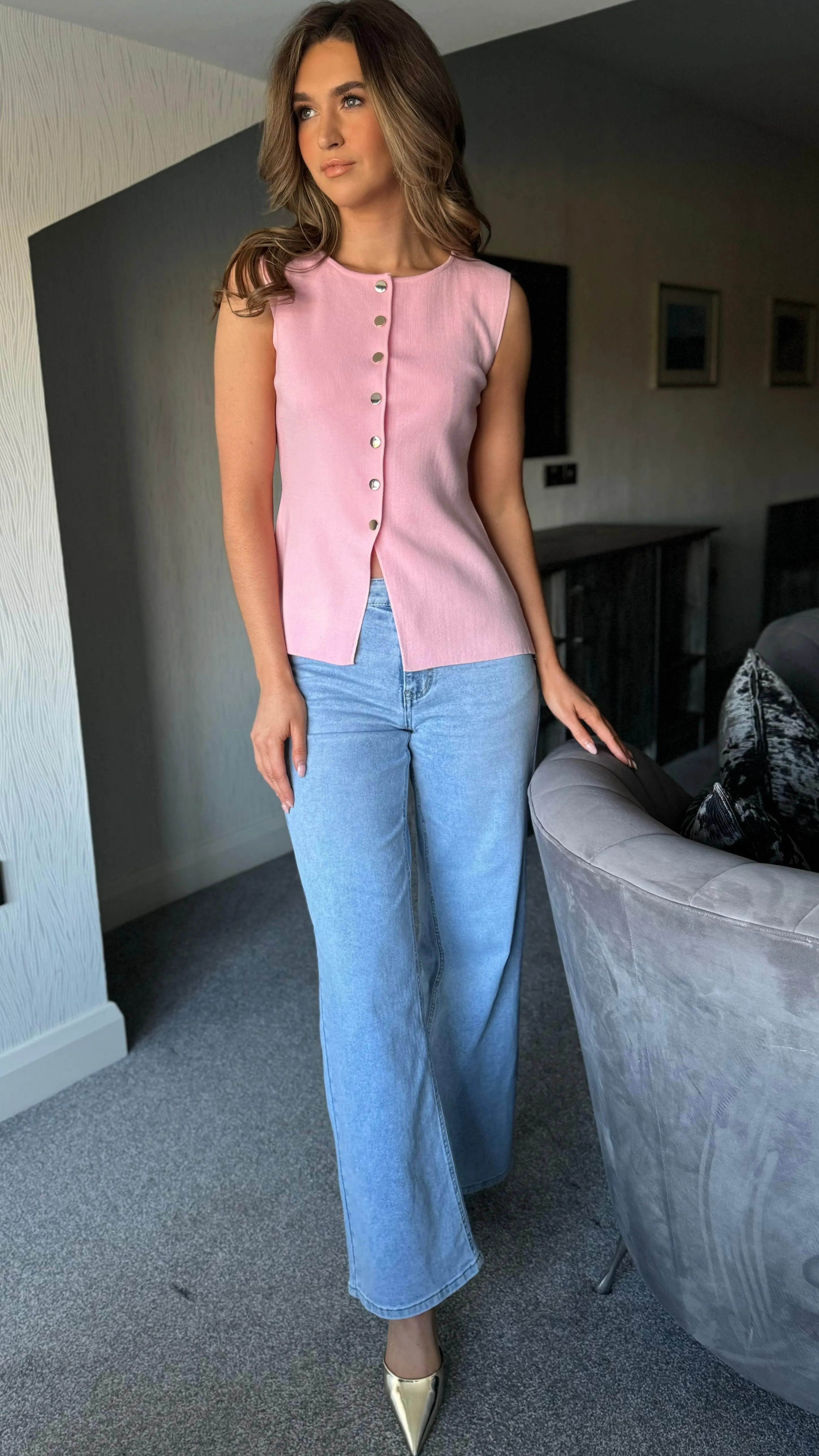 Janet Pink Gold Button Detail Waistcoat
