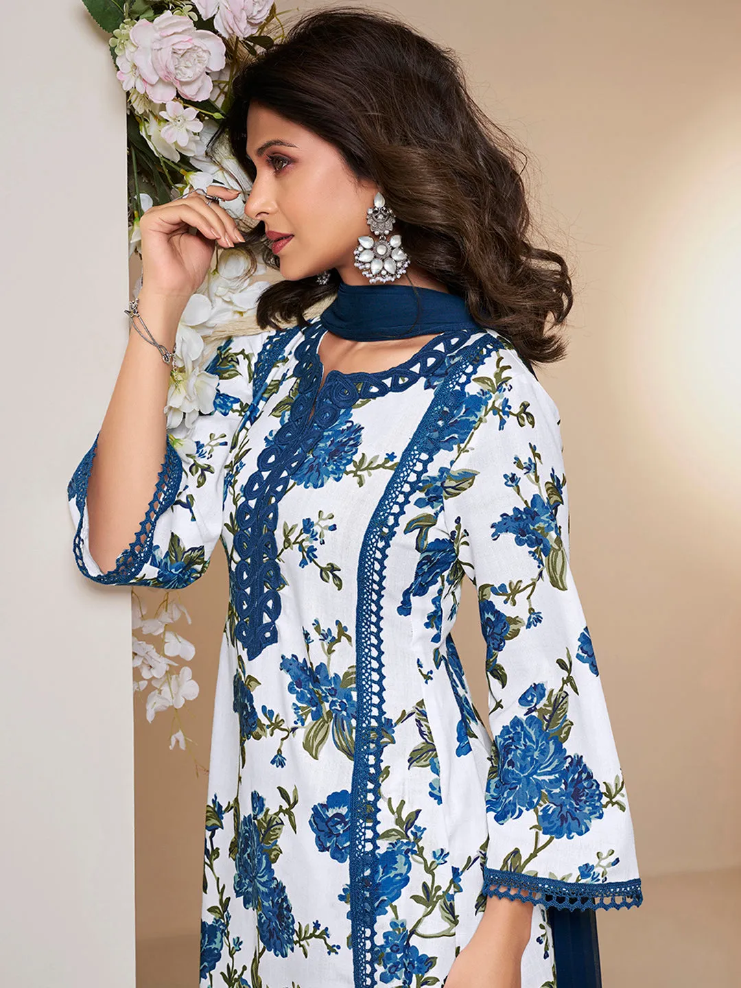 Jashvi Jennifer Winget Blue Floral Printed Kurta with Palazzos & Dupatta.