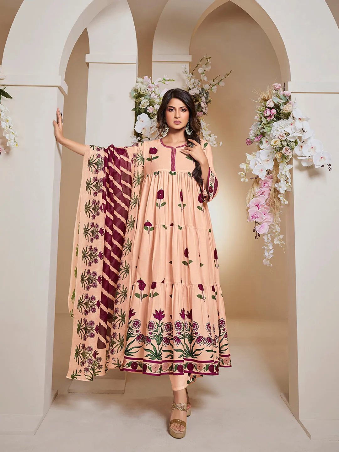 Jashvi Jennifer Winget Peach Floral Printed Flared Tier Anarkali Kurta with Palazzos Dupatta.