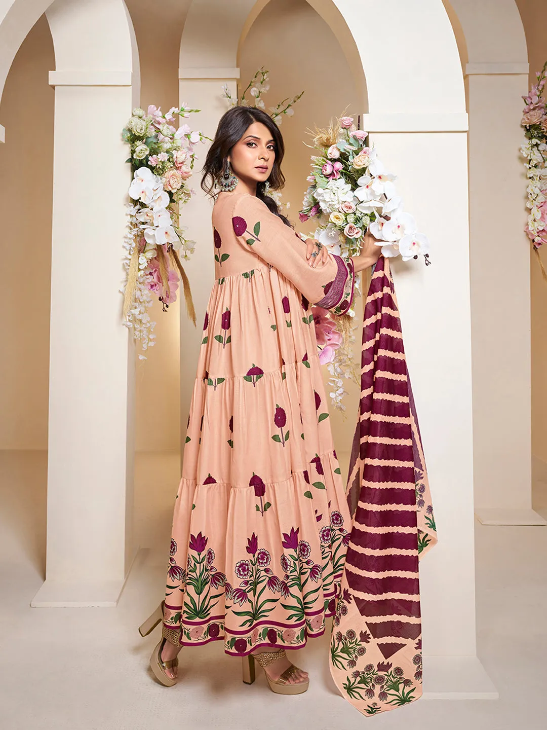 Jashvi Jennifer Winget Peach Floral Printed Flared Tier Anarkali Kurta with Palazzos Dupatta.