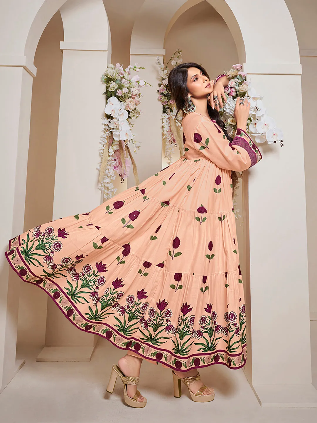 Jashvi Jennifer Winget Peach Floral Printed Flared Tier Anarkali Kurta with Palazzos Dupatta.