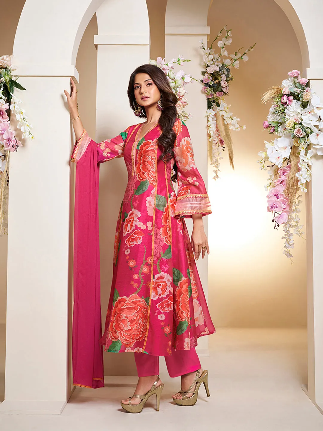 Jashvi Jennifer Winget Pink Colour Floral Printed Flared Anarkali Kurta with Palazzos Dupatta.