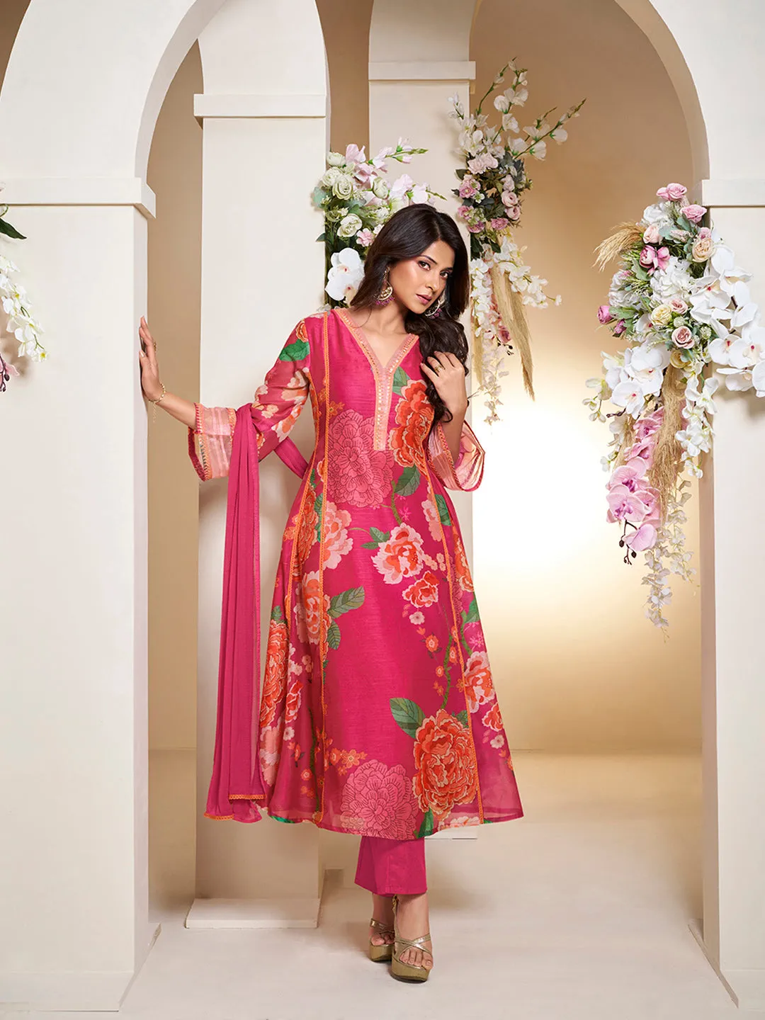 Jashvi Jennifer Winget Pink Colour Floral Printed Flared Anarkali Kurta with Palazzos Dupatta.