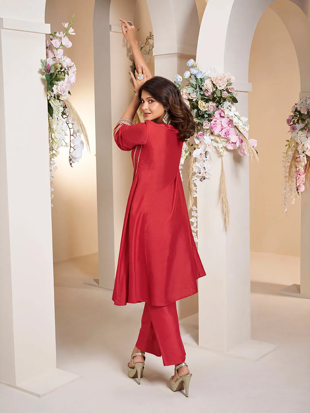Jashvi Jennifer Winget Red colour Embroiderd Anarkali Flared Kurta with Palazzos.