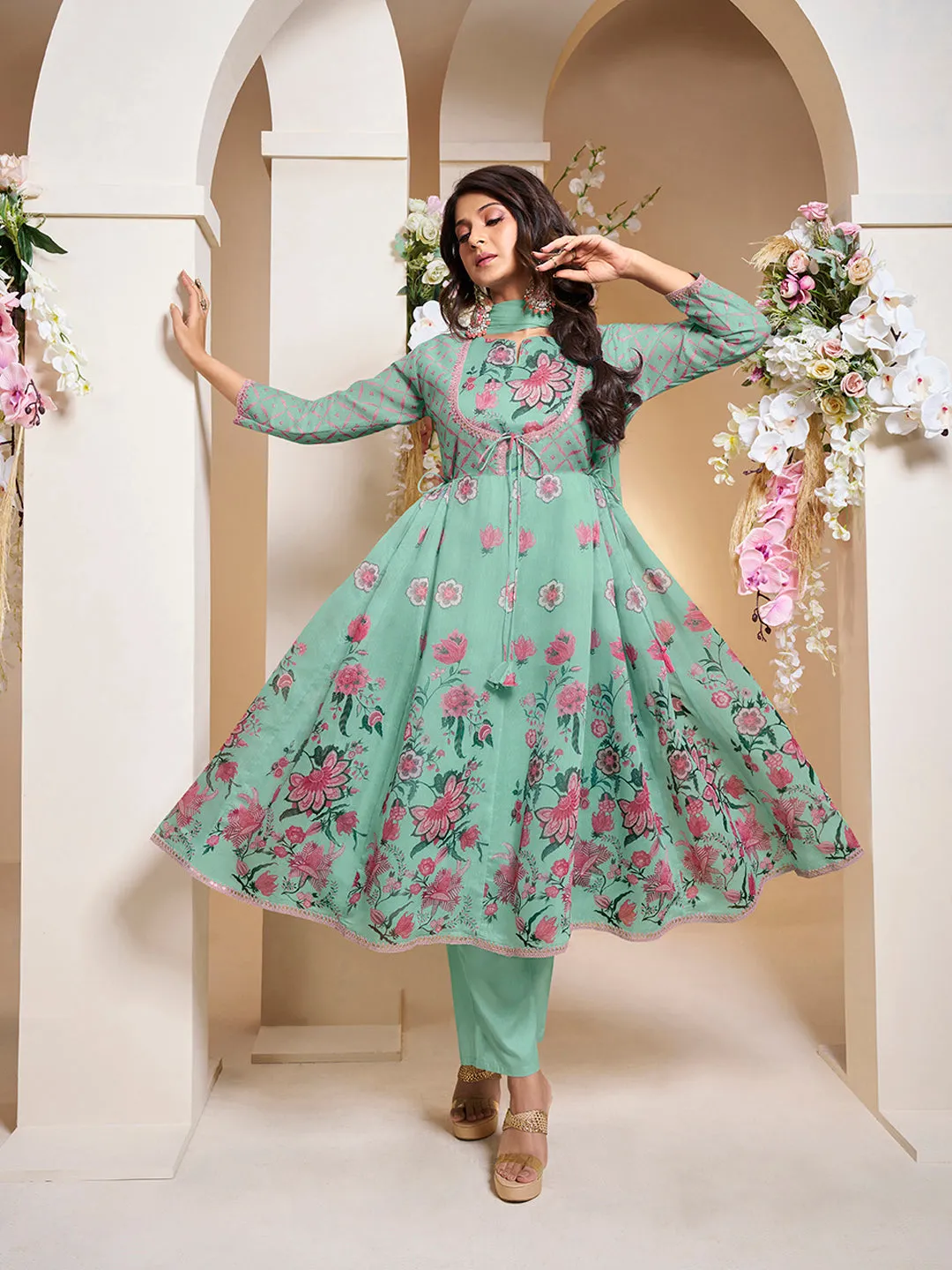 Jashvi Jennifer Winget Sea Green Floral Digital Printed Anarkali Flared Kurta with Palazzos Dupatta.