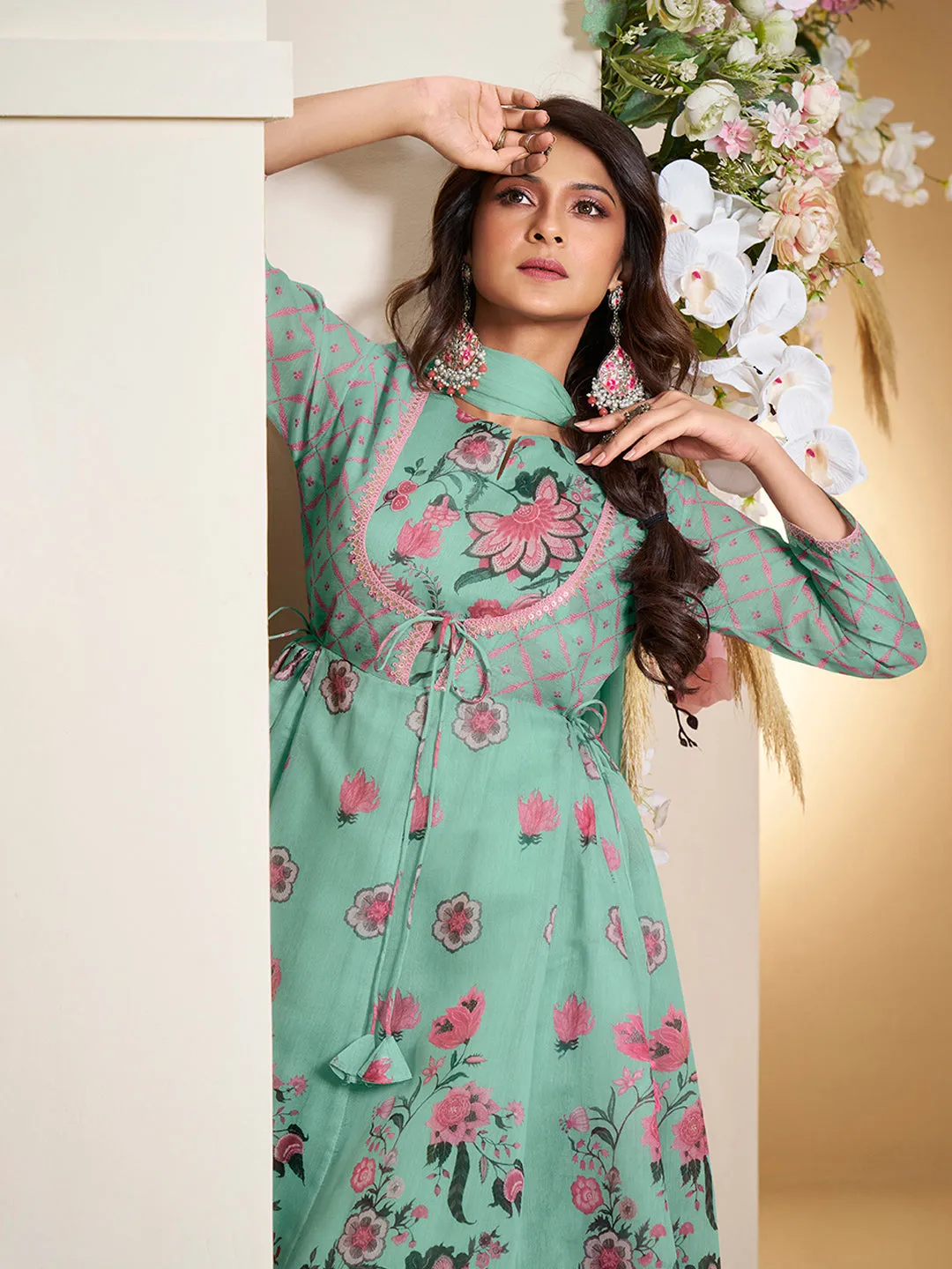 Jashvi Jennifer Winget Sea Green Floral Digital Printed Anarkali Flared Kurta with Palazzos Dupatta.
