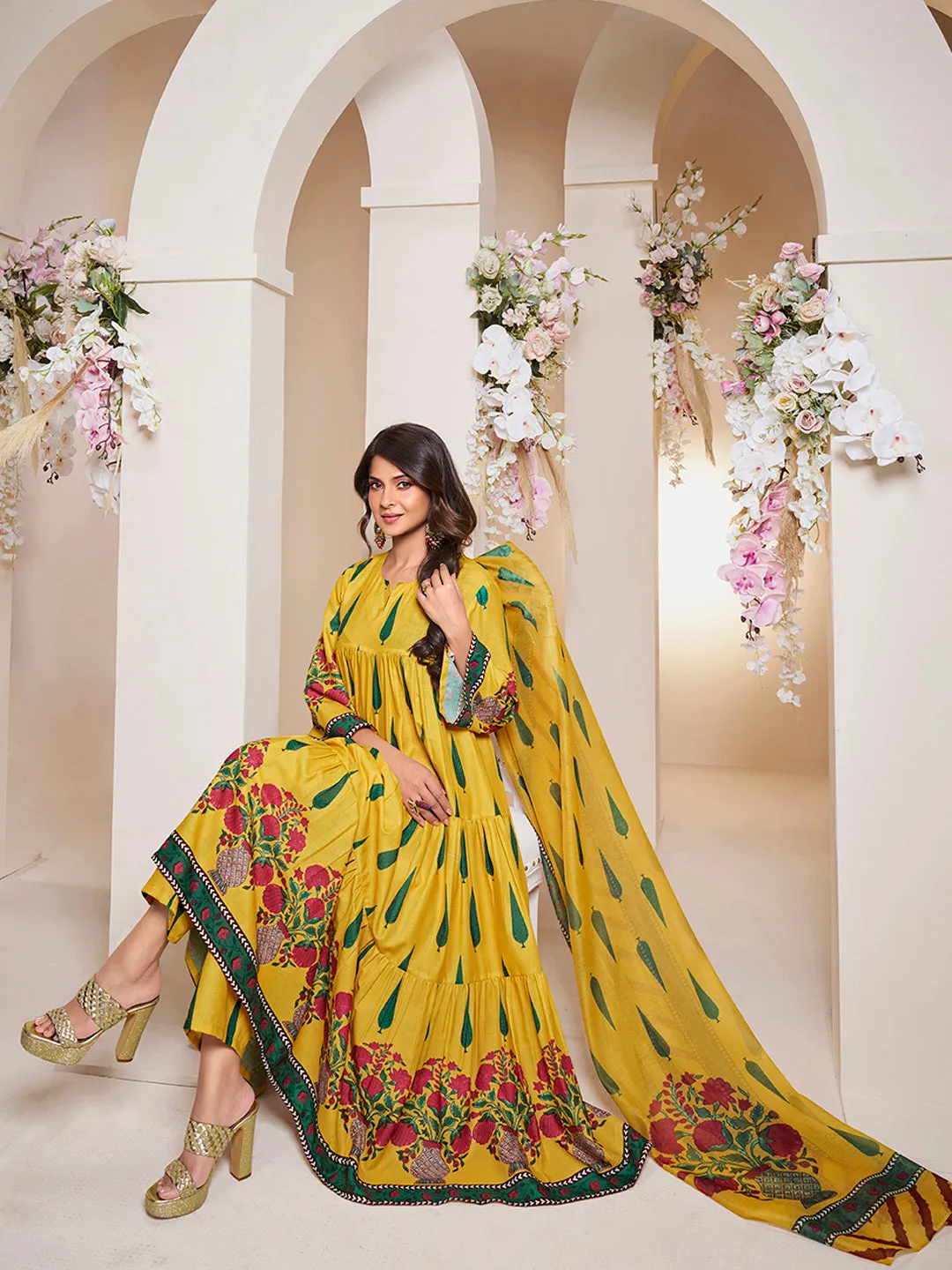 Jashvi Jennifer Winget Yellow Leaf Floral Printed Anarkali Flared Kurta with Palazzos Dupatta.