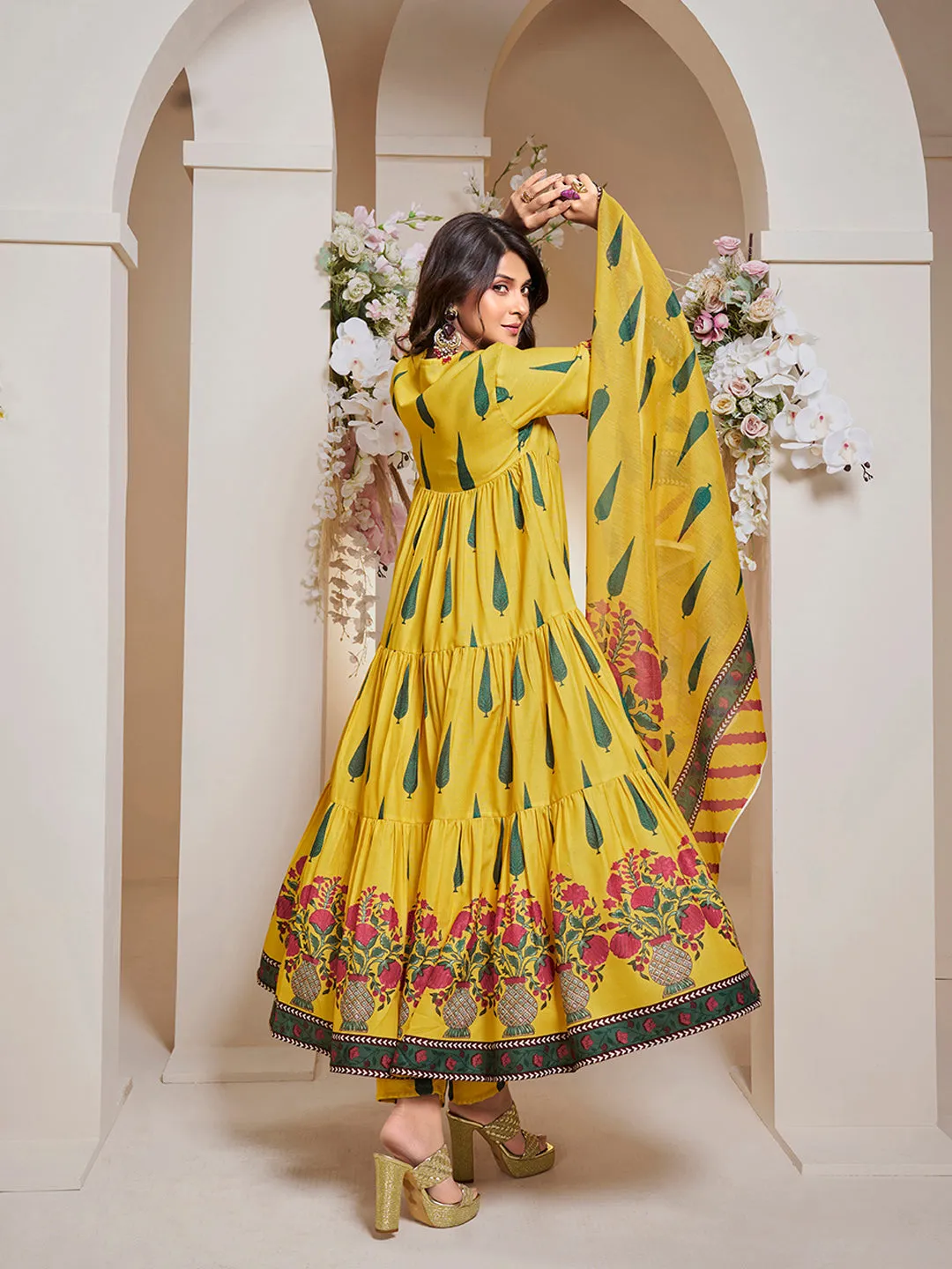 Jashvi Jennifer Winget Yellow Leaf Floral Printed Anarkali Flared Kurta with Palazzos Dupatta.
