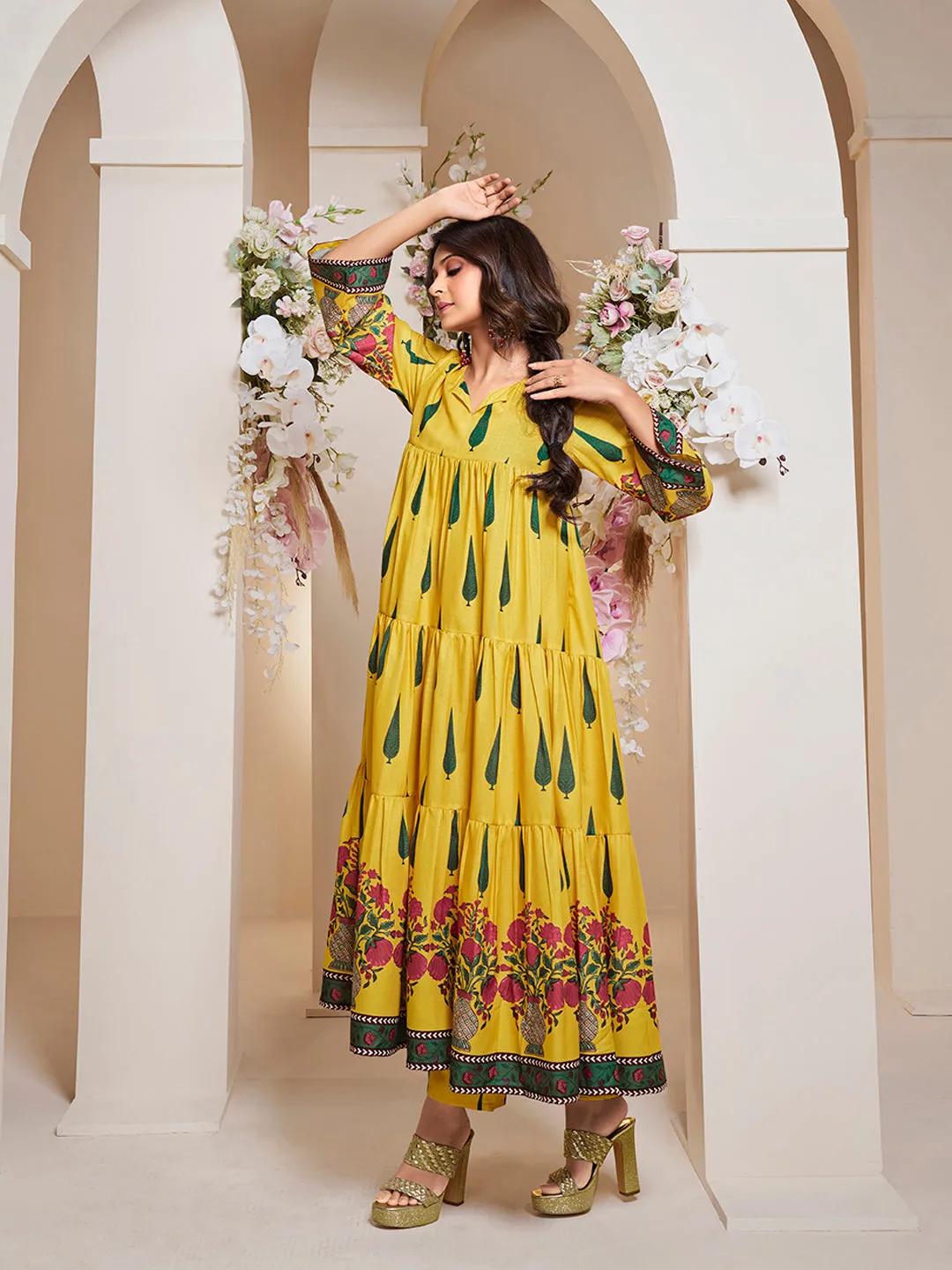 Jashvi Jennifer Winget Yellow Leaf Floral Printed Anarkali Flared Kurta with Palazzos Dupatta.
