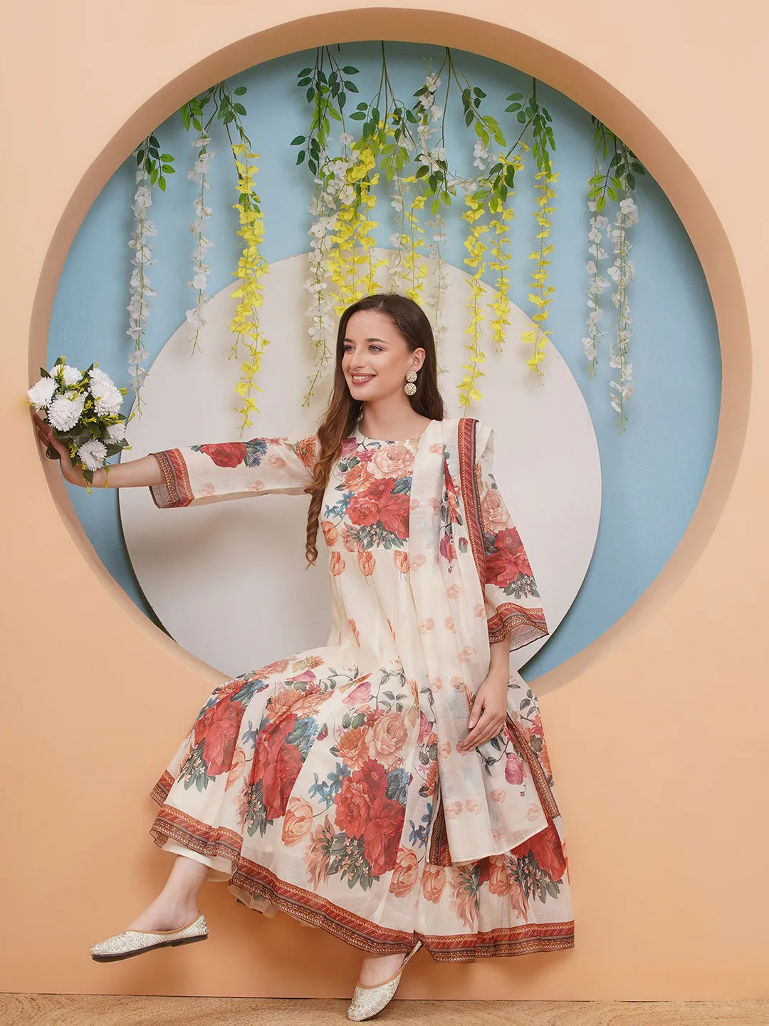 Jashvi Off White Floral Printed Anarkali Flared Kurta with Palazzos Dupatta.