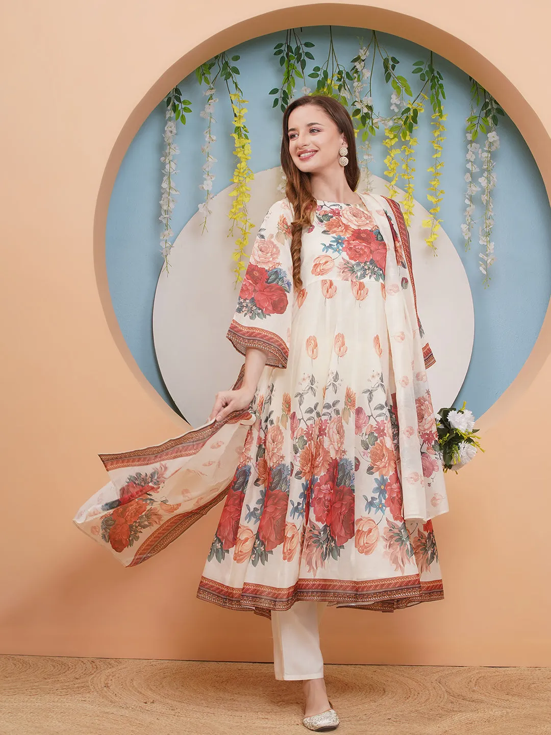 Jashvi Off White Floral Printed Anarkali Flared Kurta with Palazzos Dupatta.
