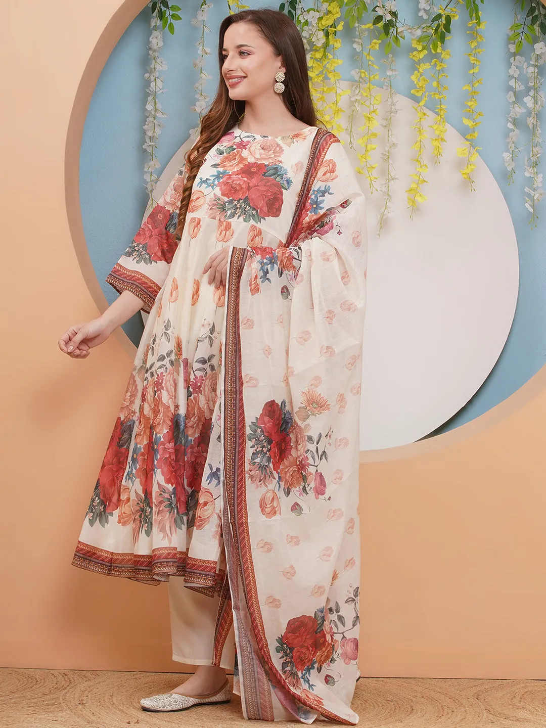Jashvi Off White Floral Printed Anarkali Flared Kurta with Palazzos Dupatta.