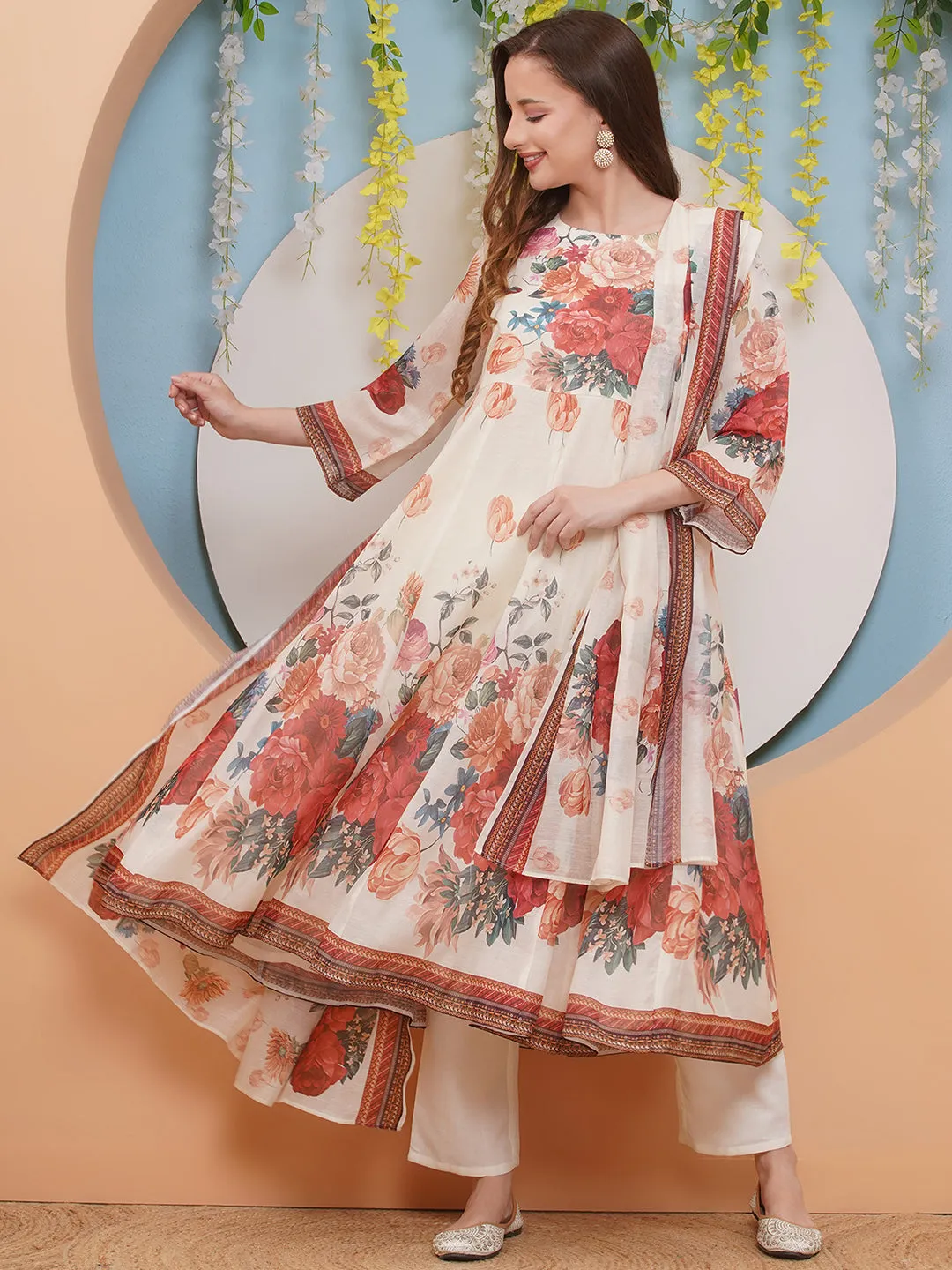 Jashvi Off White Floral Printed Anarkali Flared Kurta with Palazzos Dupatta.