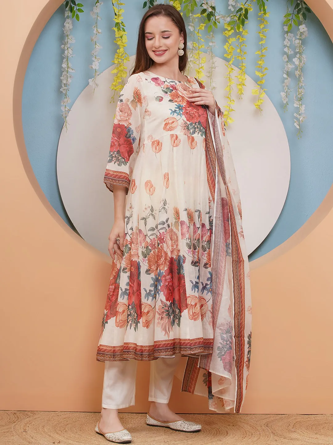 Jashvi Off White Floral Printed Anarkali Flared Kurta with Palazzos Dupatta.