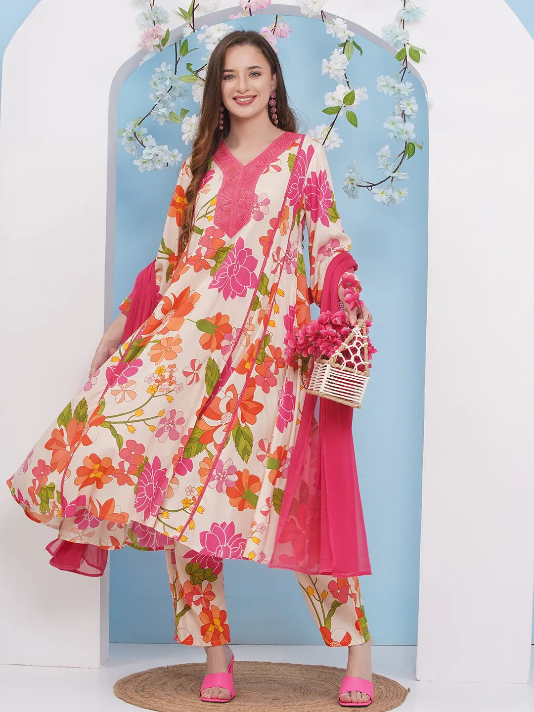 Jashvi Off White Multi Floral Printed Anarkali Kurta with Palazzos Dupatta.