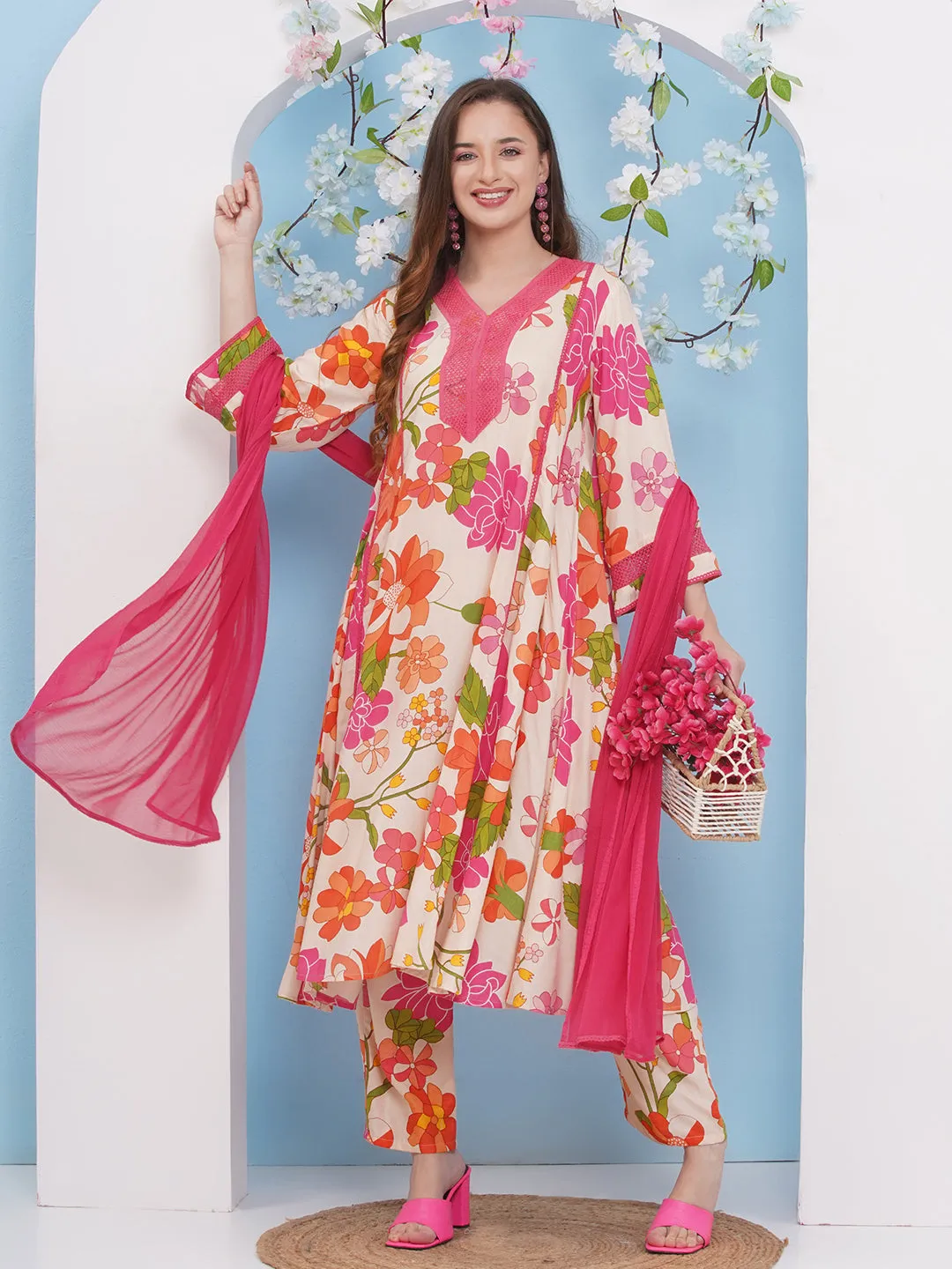 Jashvi Off White Multi Floral Printed Anarkali Kurta with Palazzos Dupatta.