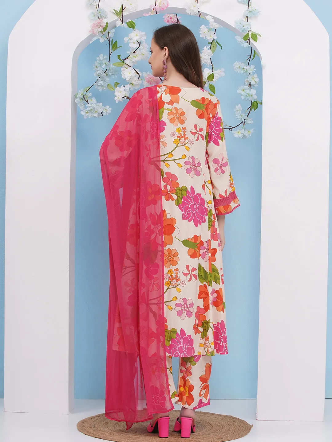 Jashvi Off White Multi Floral Printed Anarkali Kurta with Palazzos Dupatta.