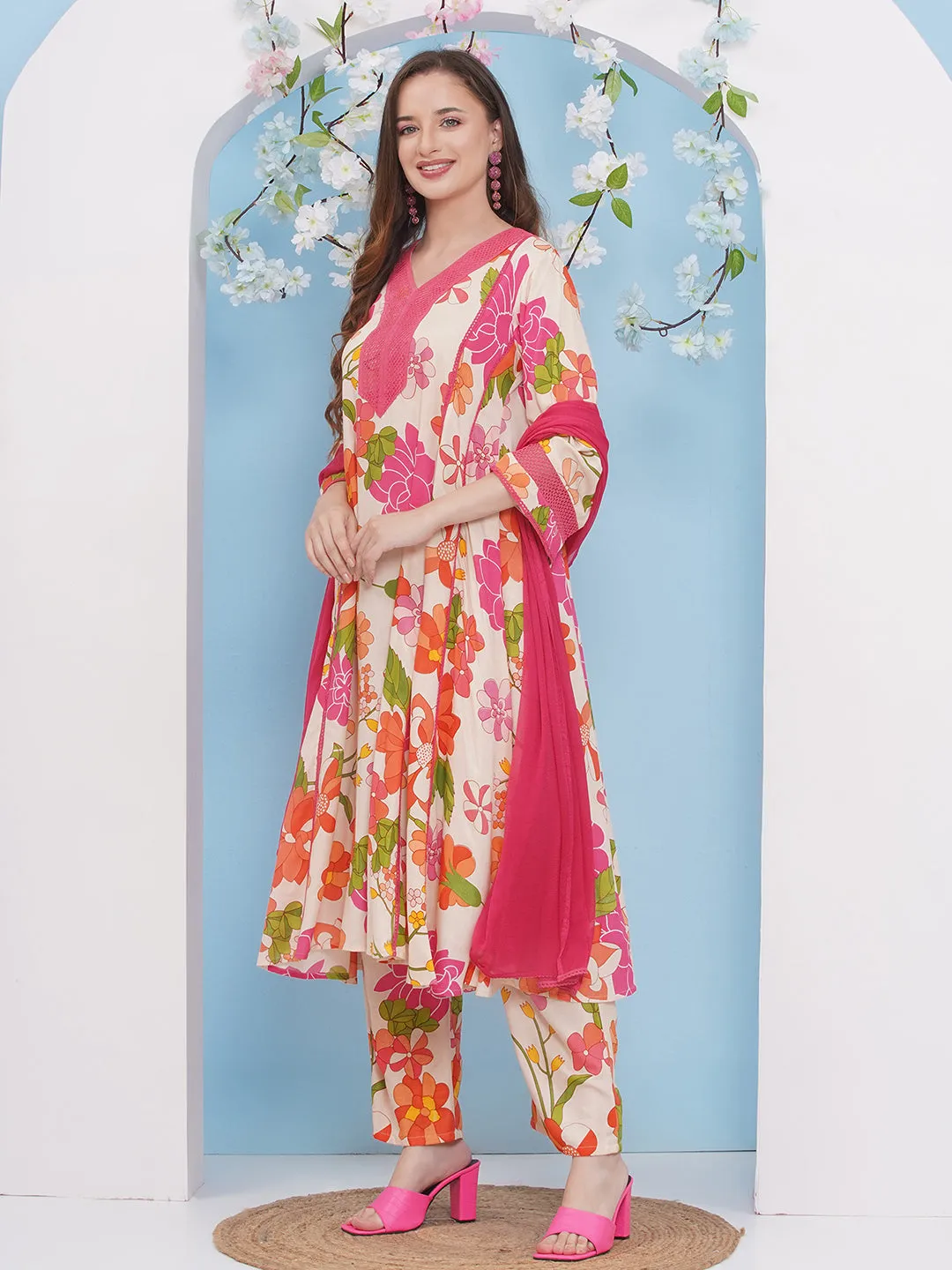 Jashvi Off White Multi Floral Printed Anarkali Kurta with Palazzos Dupatta.