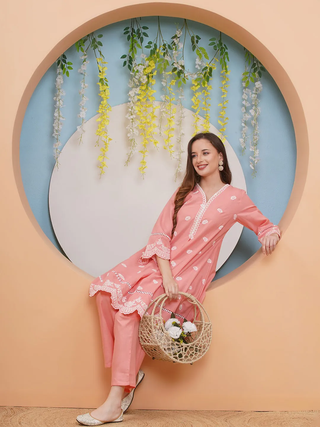 Jashvi Peach Colour Embroidered Kurta set