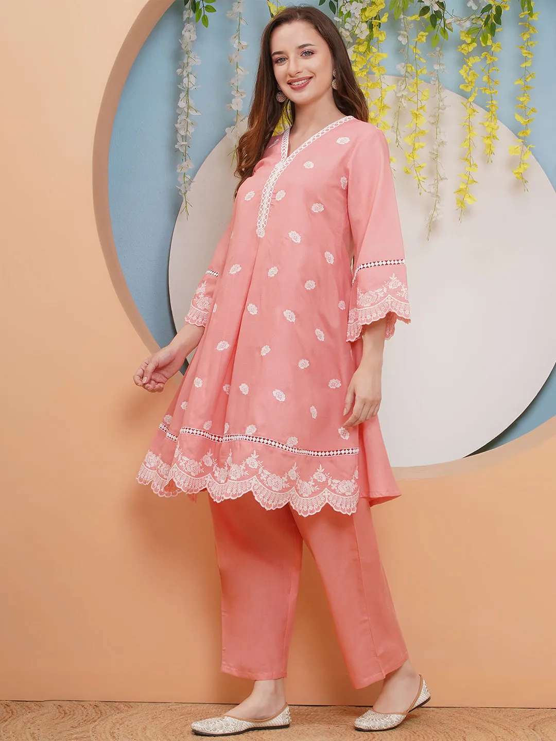 Jashvi Peach Colour Embroidered Kurta set