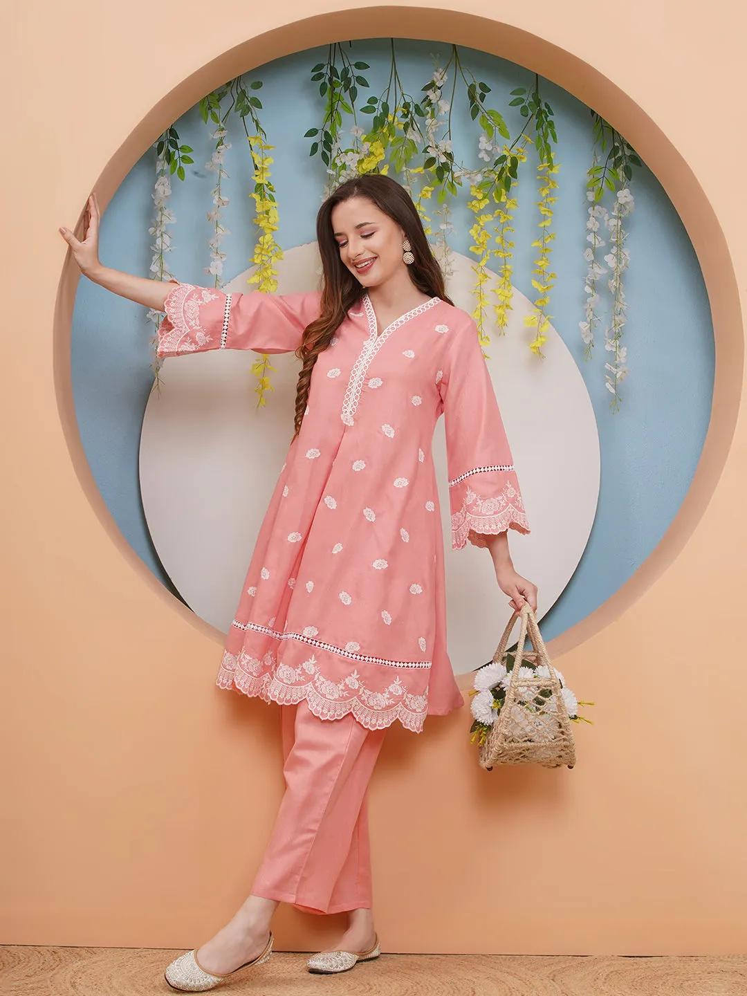 Jashvi Peach Colour Embroidered Kurta set