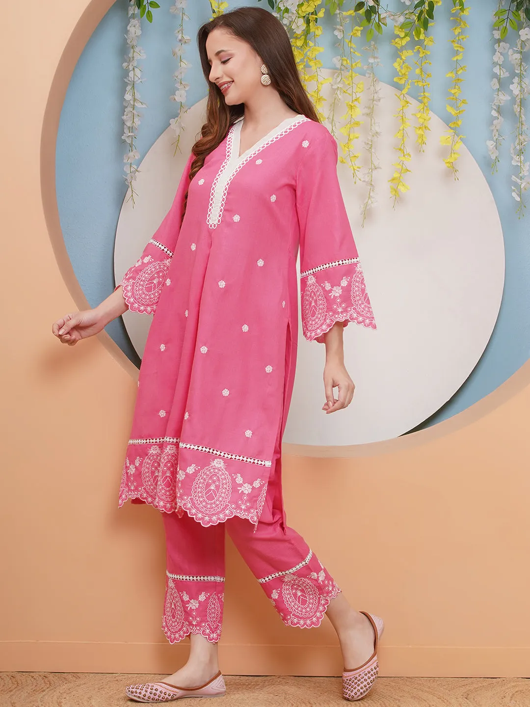 Jashvi Pink Colour Embroidered Kurta set