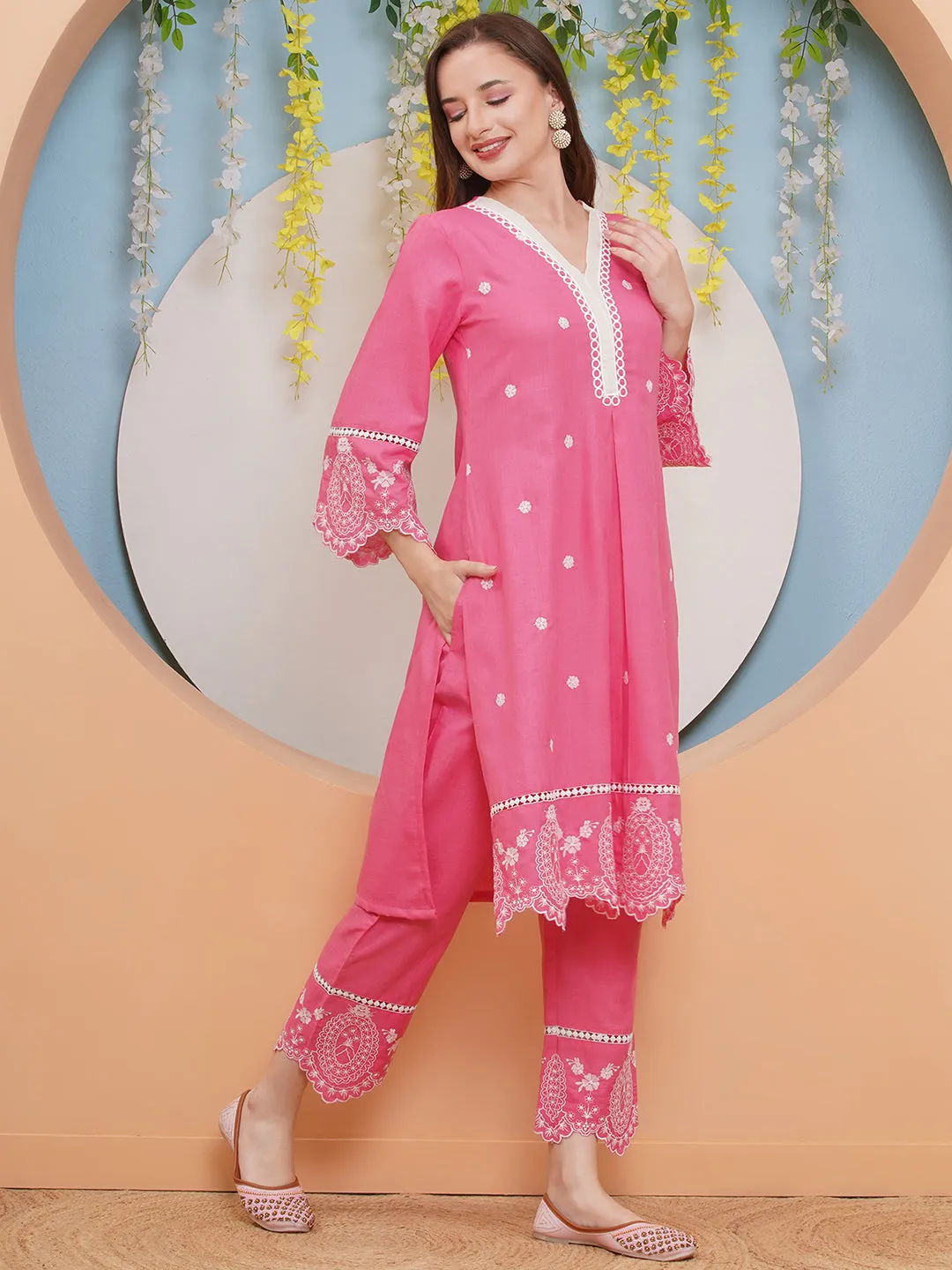 Jashvi Pink Colour Embroidered Kurta set