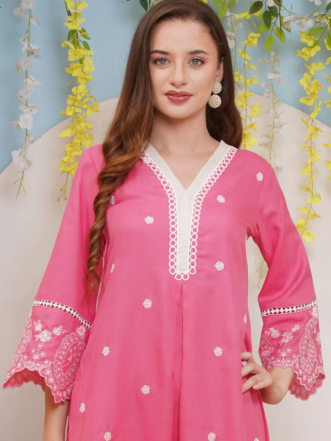 Jashvi Pink Colour Embroidered Kurta set